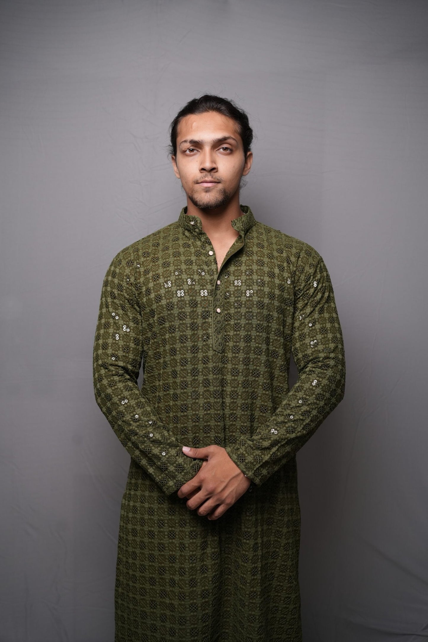 Lucknowi Kurta - Olive Green