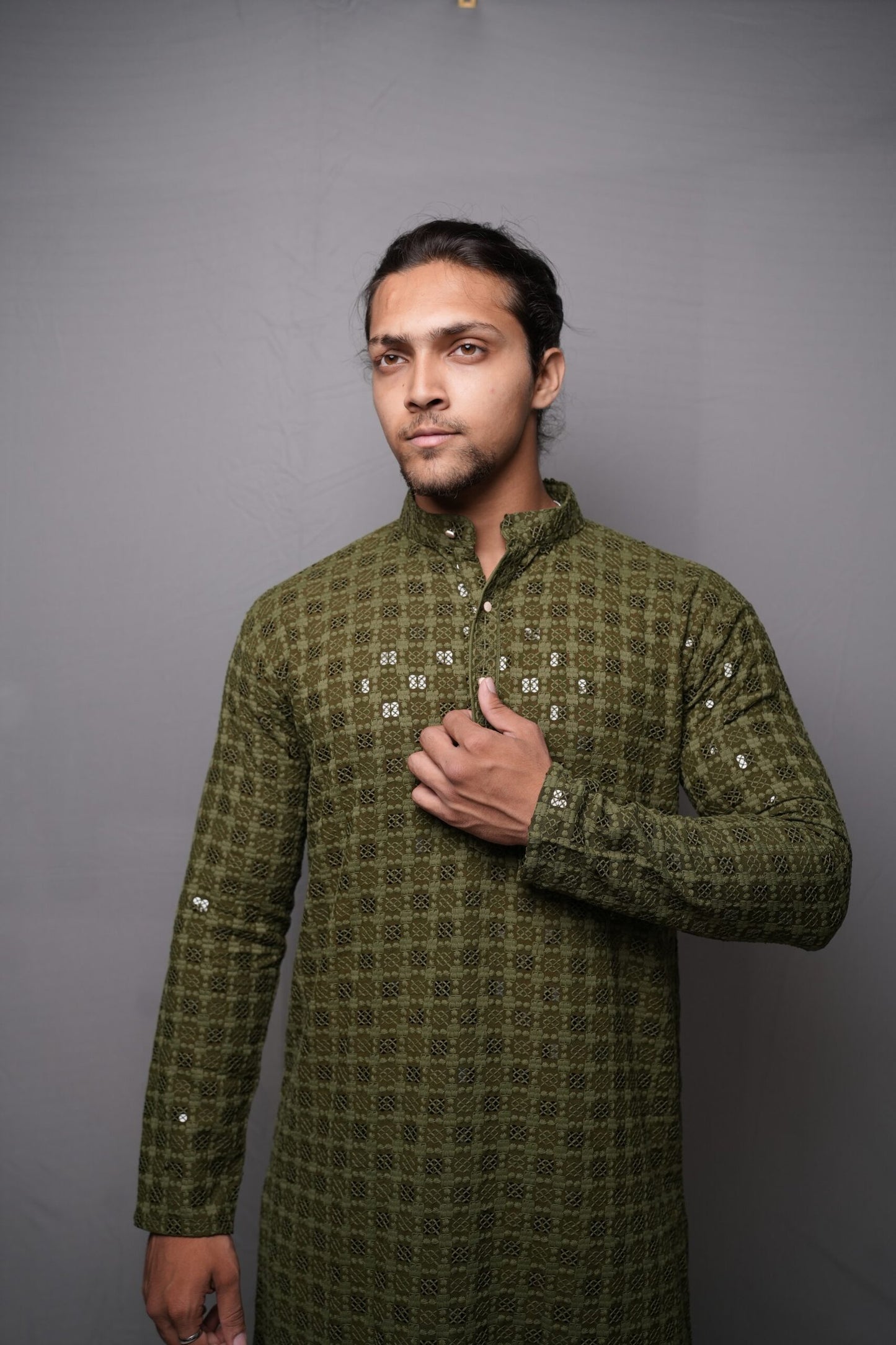 Lucknowi Kurta - Olive Green