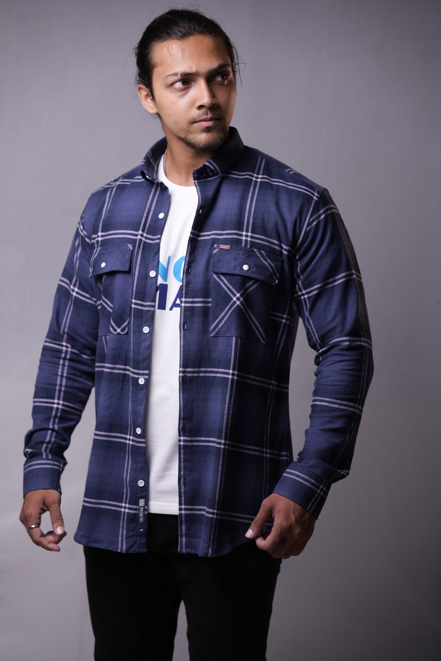 Dark Blue Brushed Chequered Twin Pocket