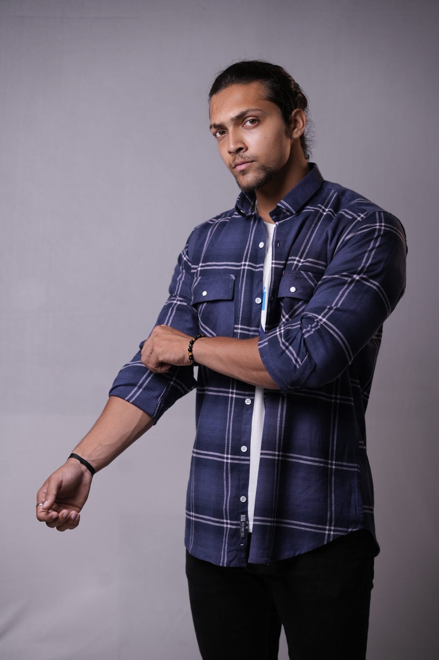 Dark Blue Brushed Chequered Twin Pocket