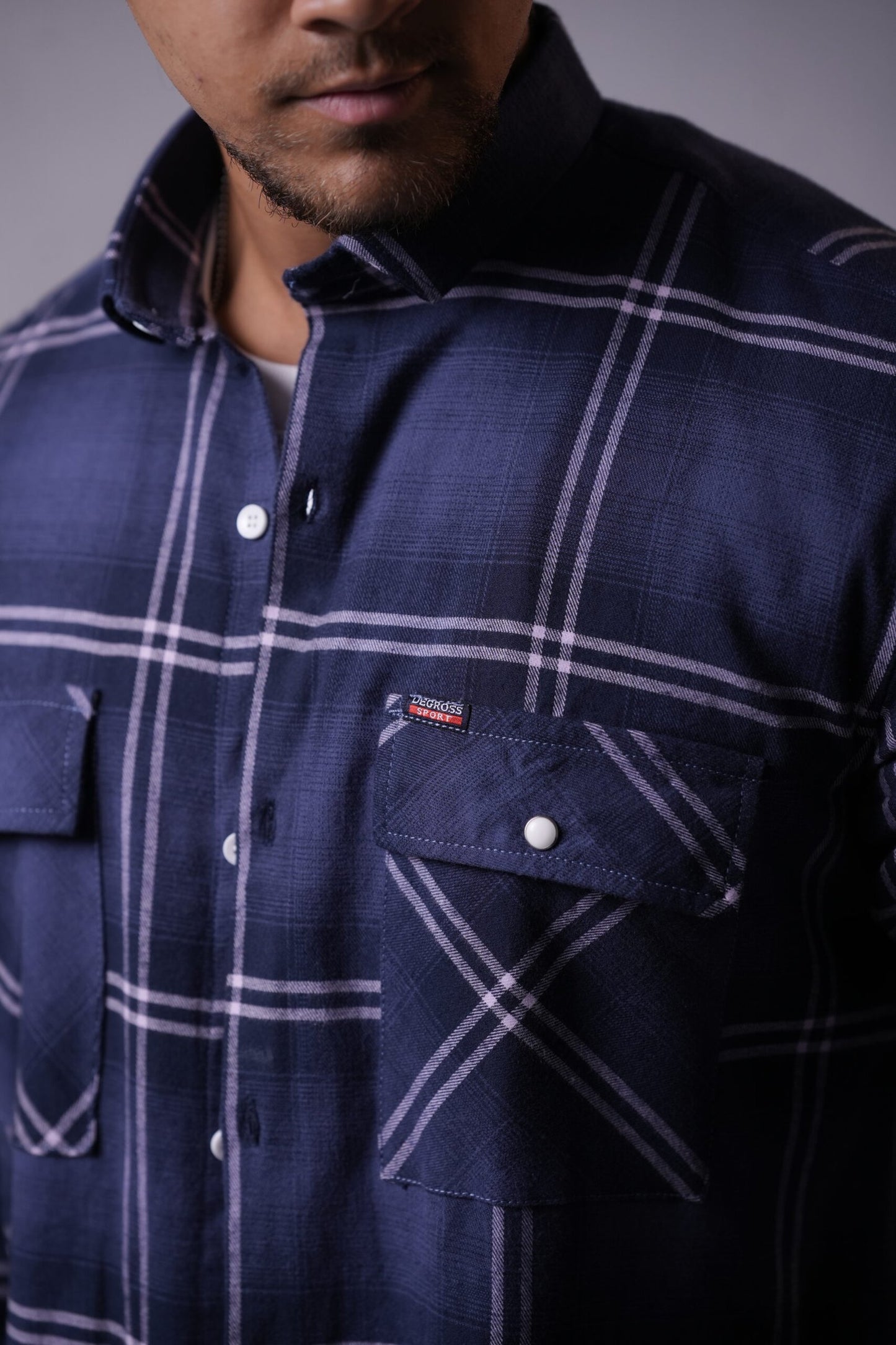 Dark Blue Brushed Chequered Twin Pocket