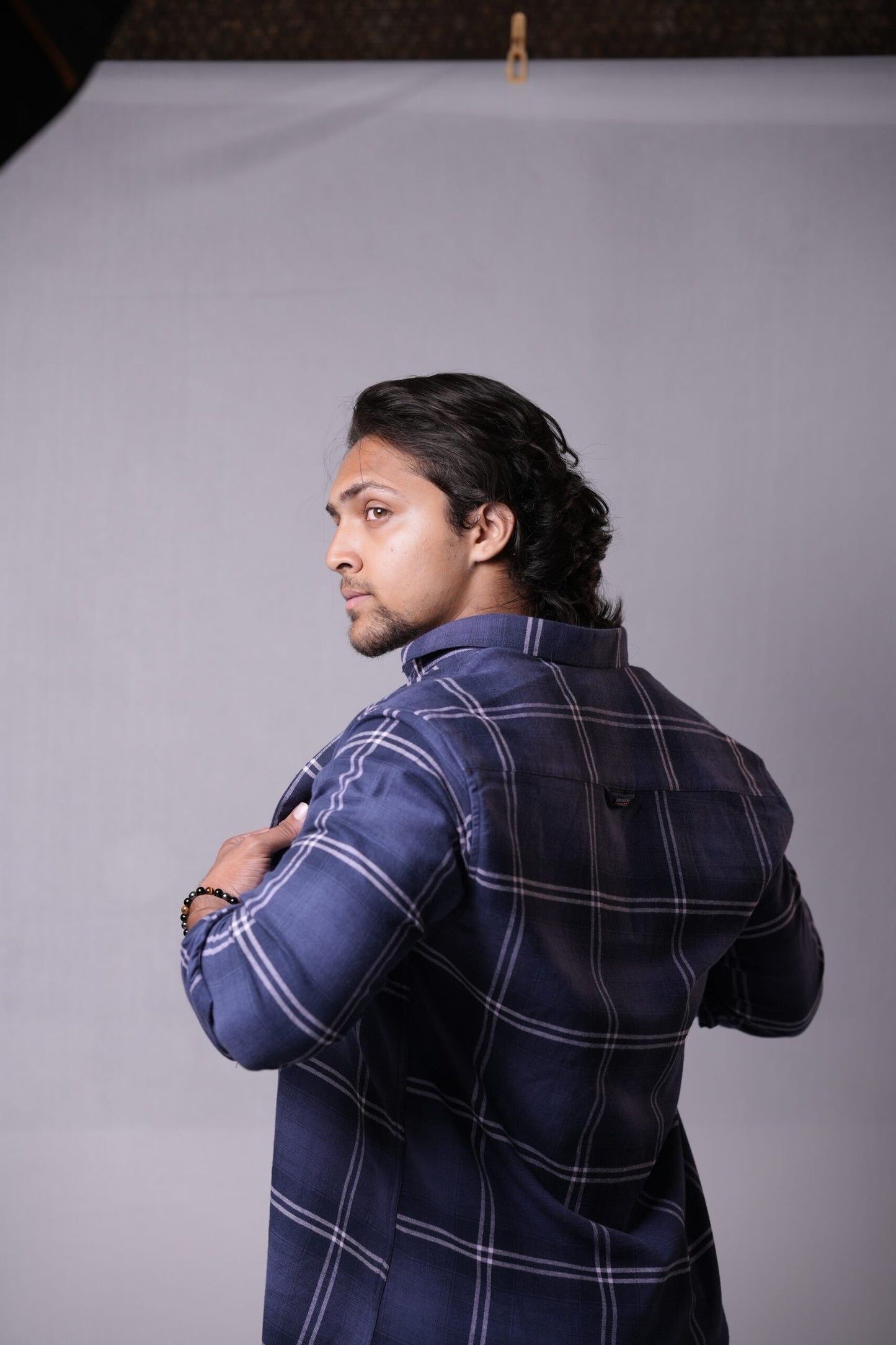 Dark Blue Brushed Chequered Twin Pocket