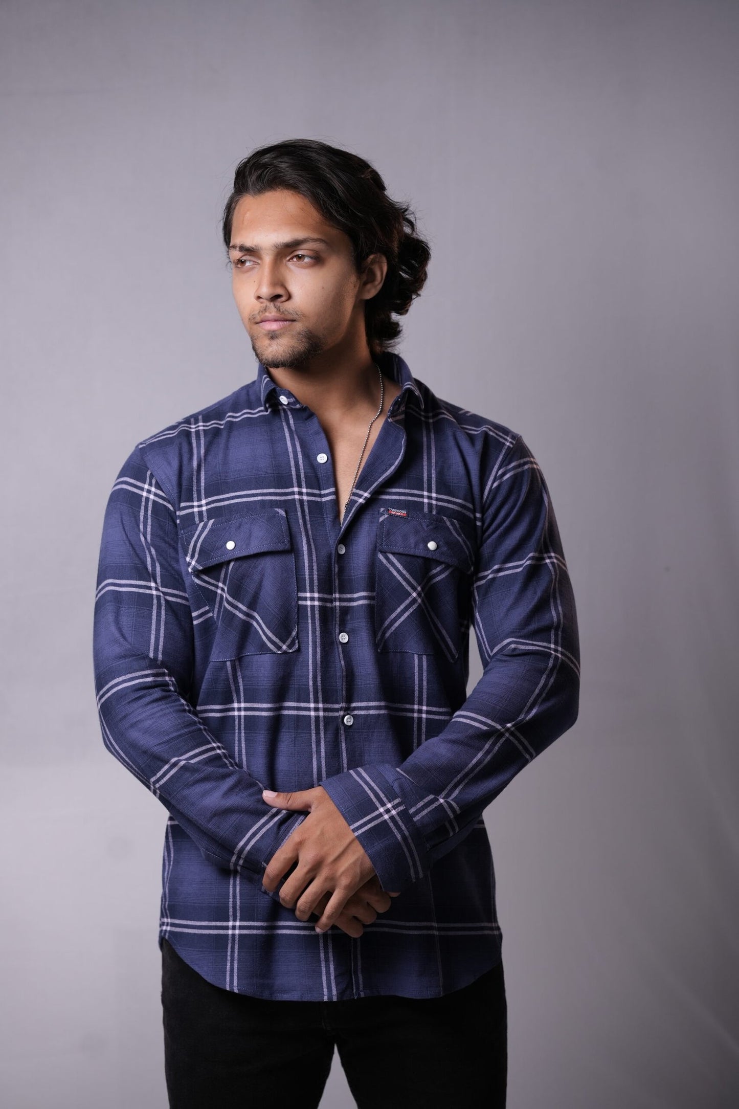 Dark Blue Brushed Chequered Twin Pocket