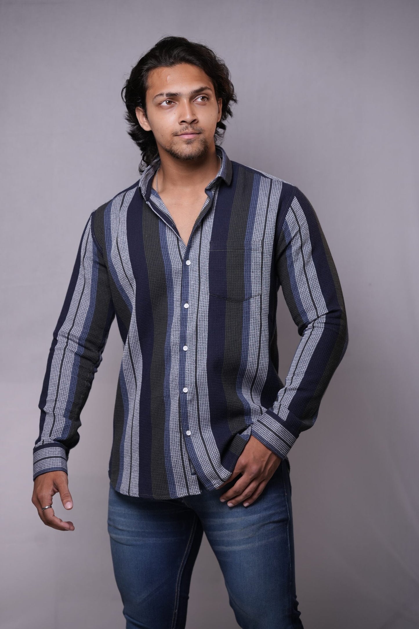 Grey Navy-Blue Vertical Stripes Dobby