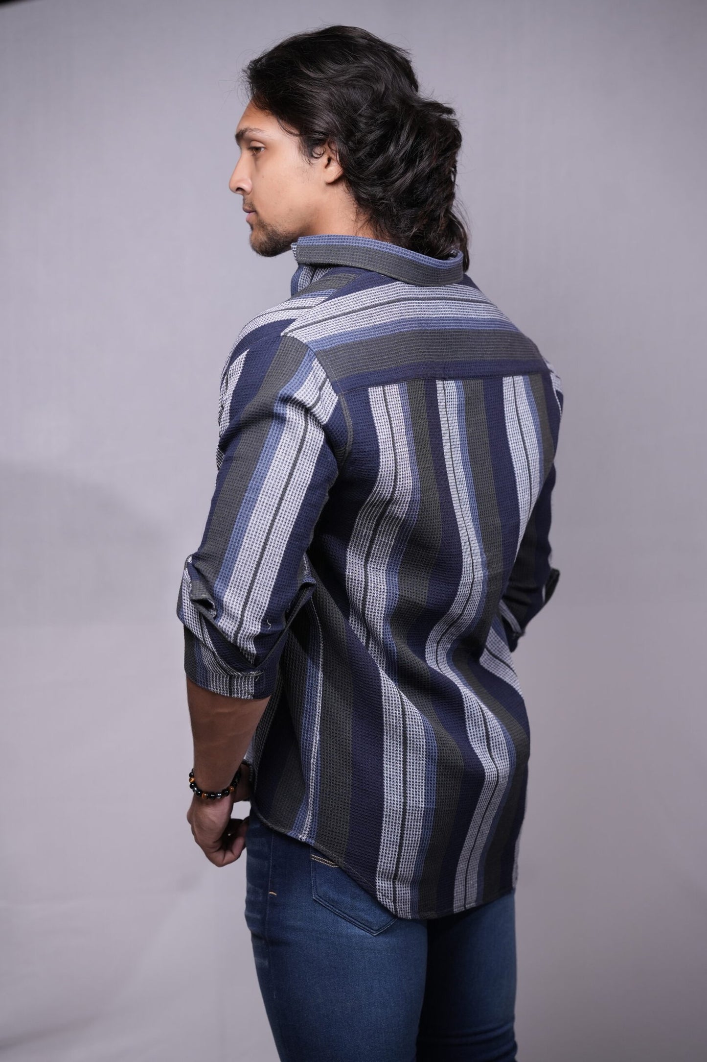 Grey Navy-Blue Vertical Stripes Dobby