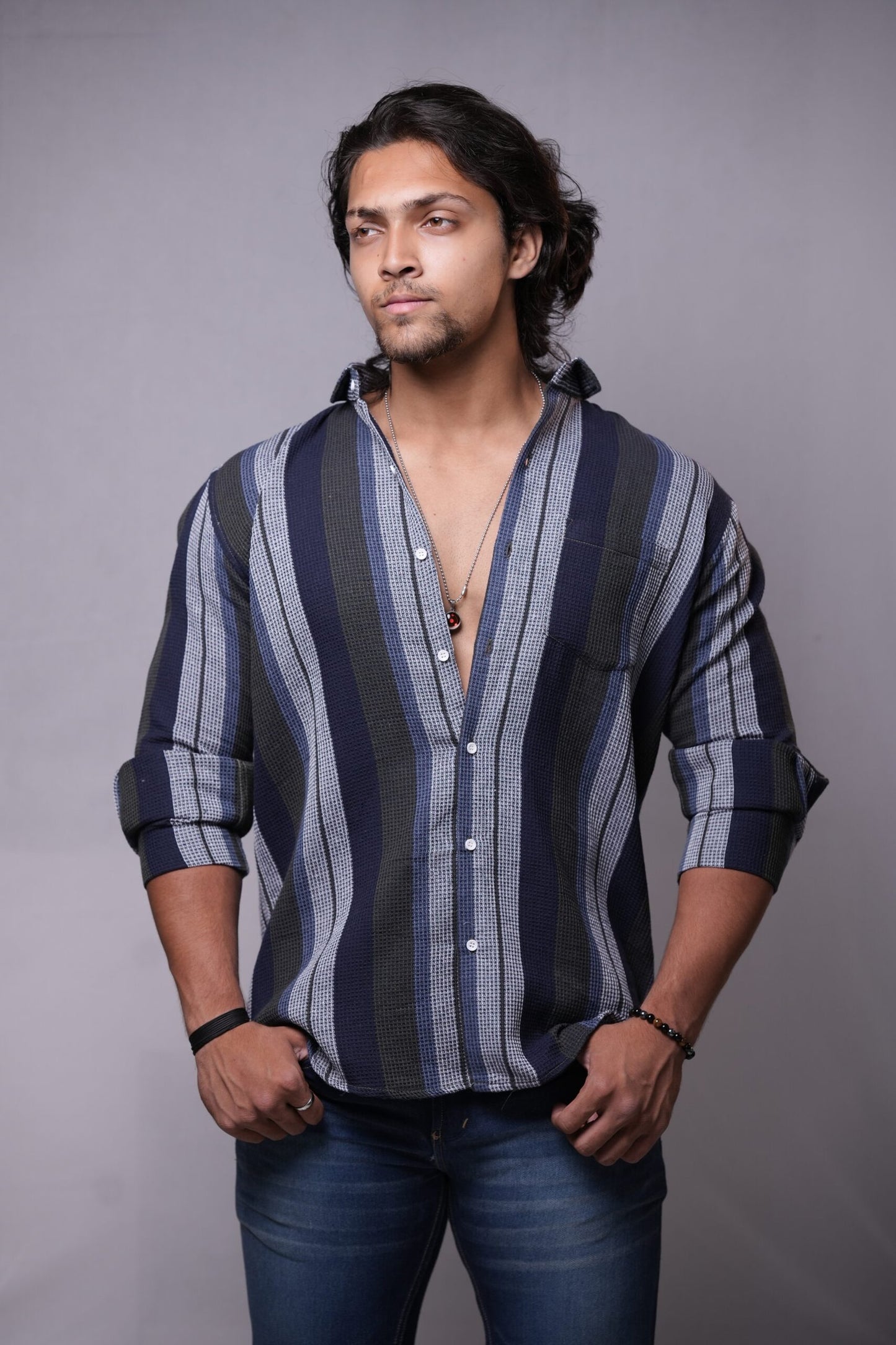 Grey Navy-Blue Vertical Stripes Dobby