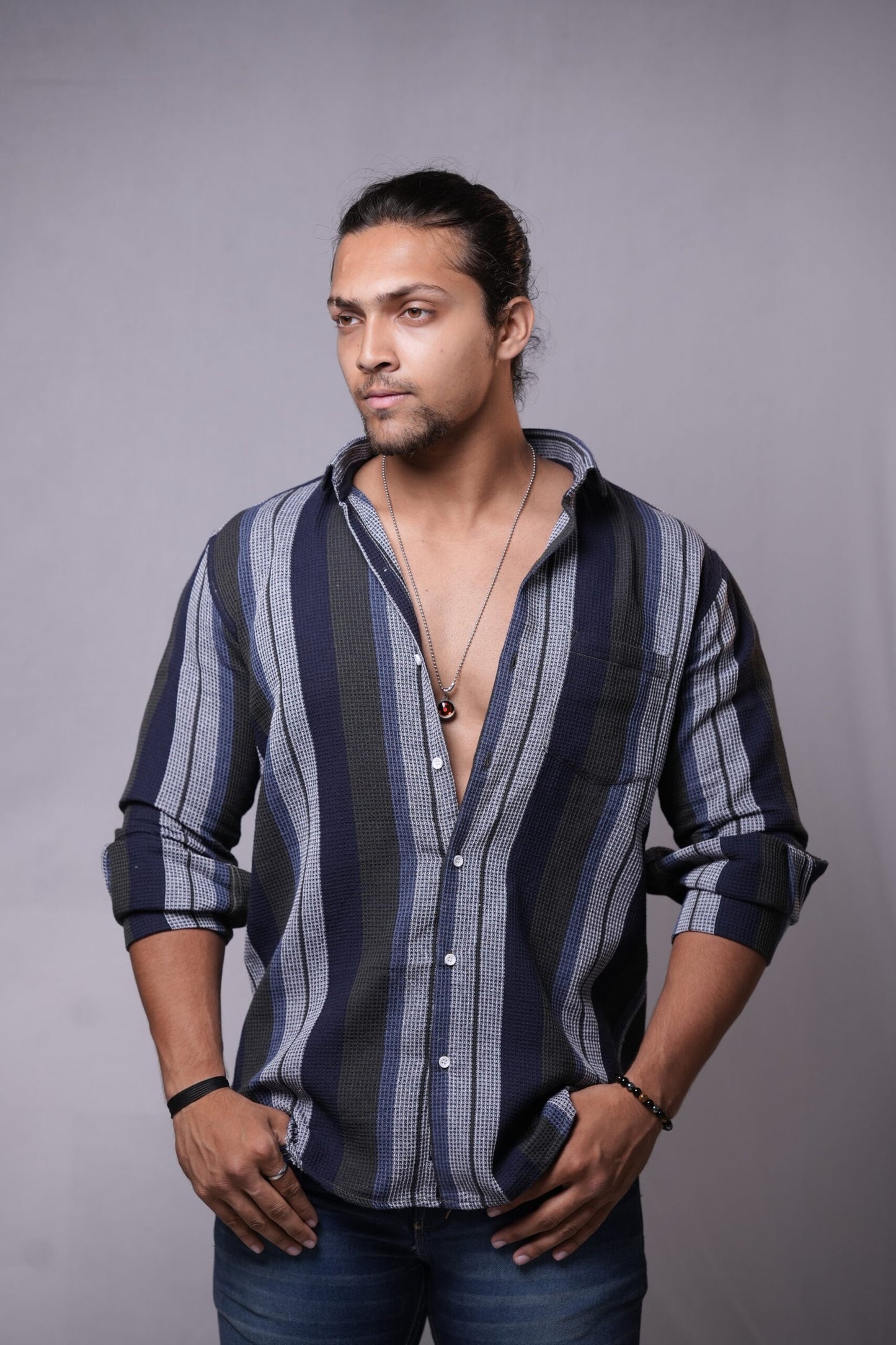 Grey Navy-Blue Vertical Stripes Dobby