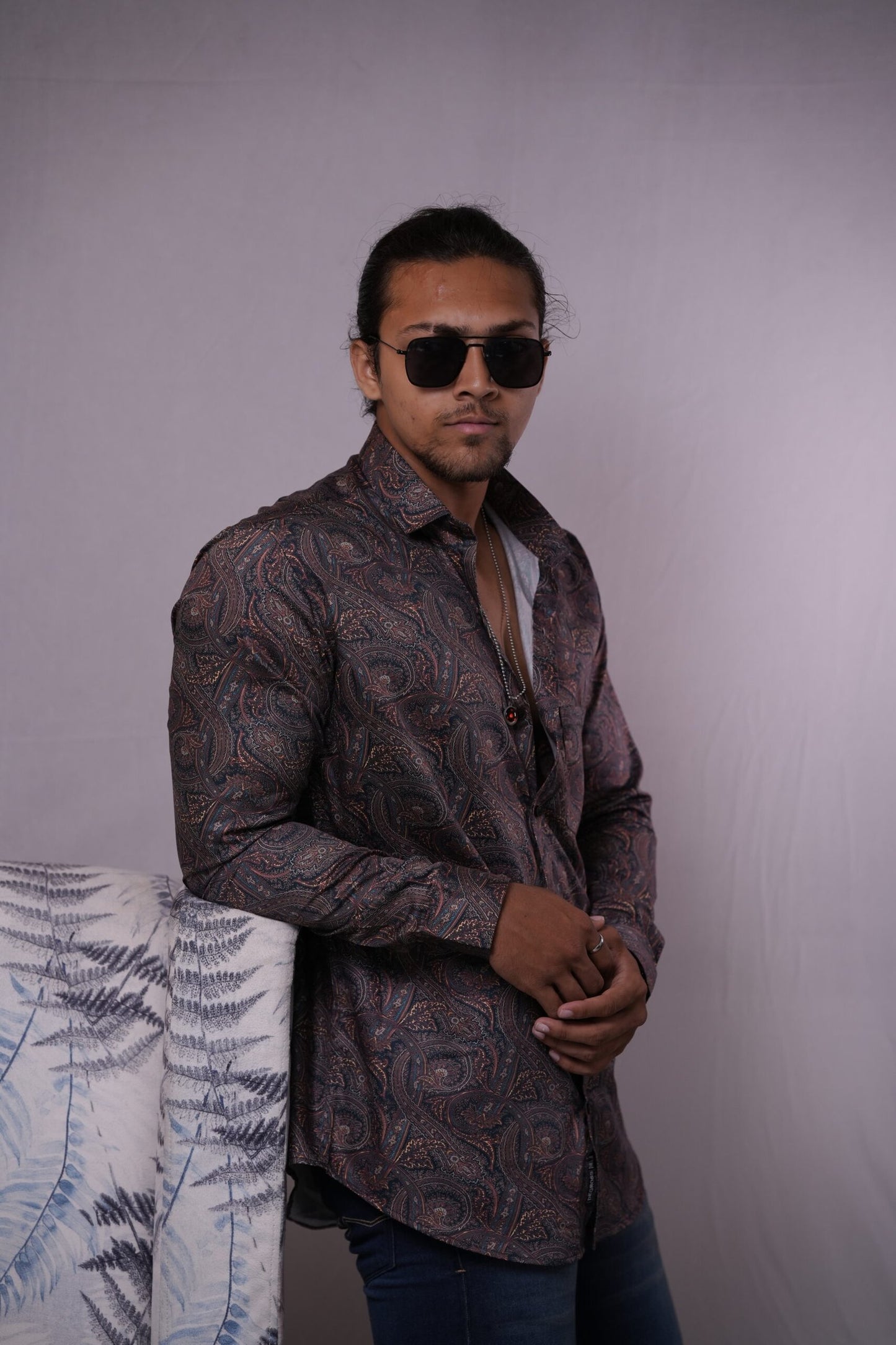 Dark Brown Printed Satin Party Wear