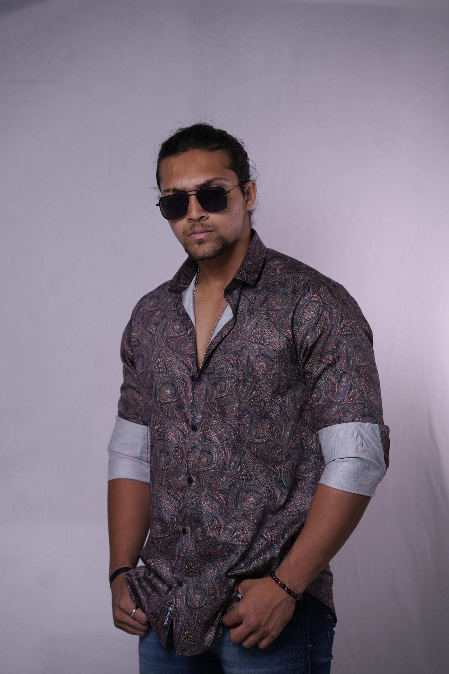 Dark Brown Printed Satin Party Wear