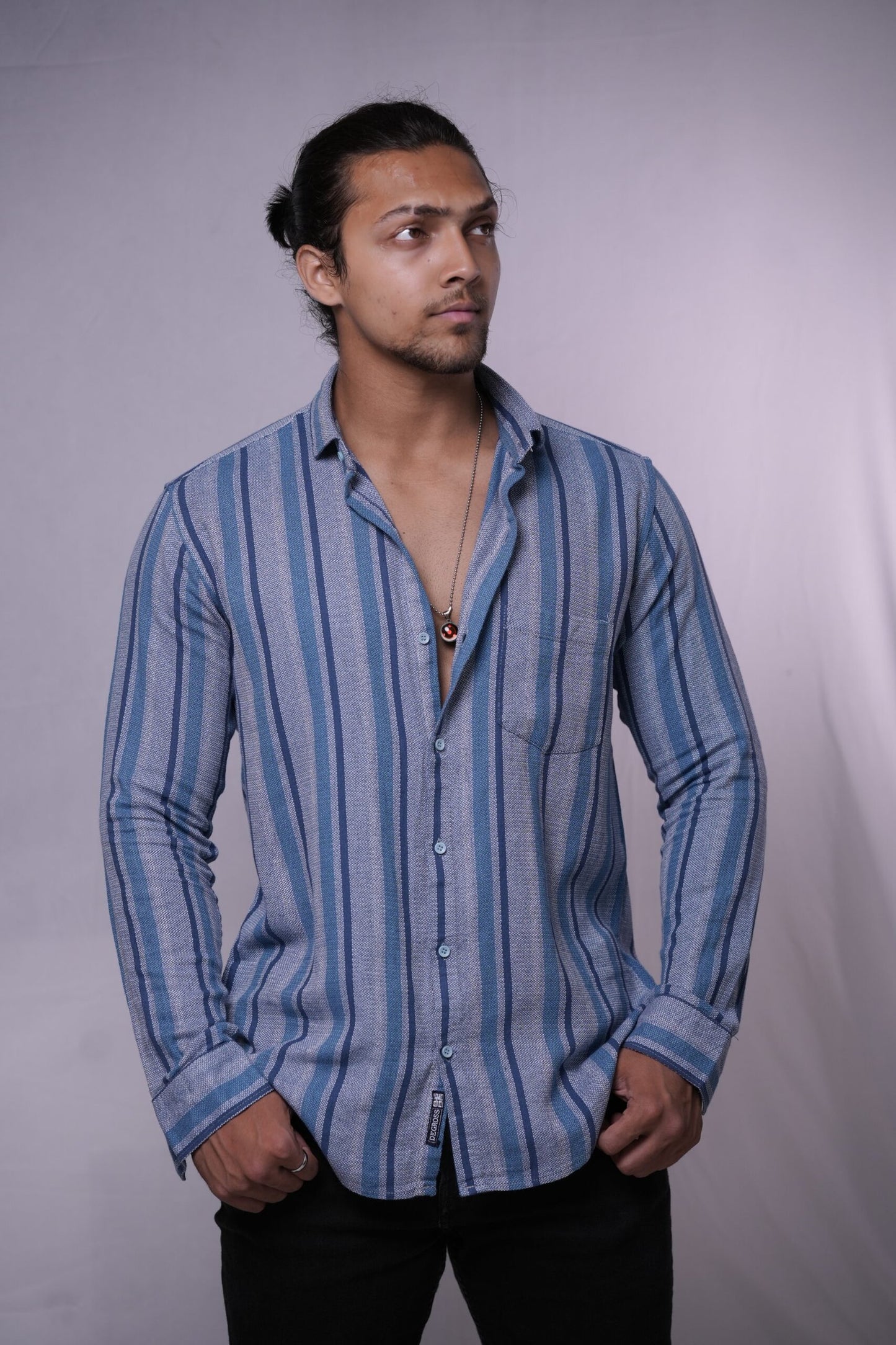 Grey Blue Vertical Stripes Dobby