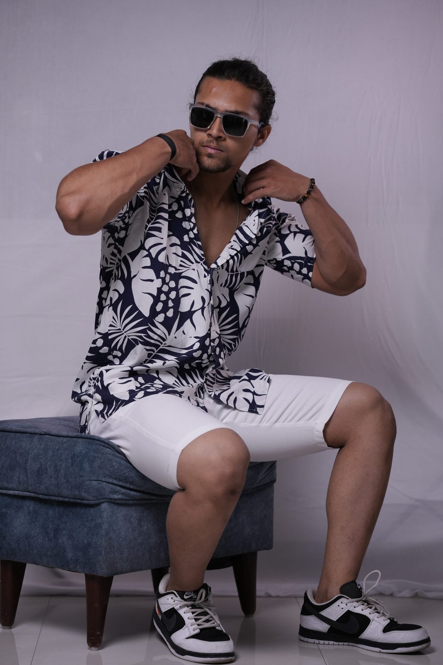 WhiteNavyBlue Jungle Cuban Collar Half Sleeve
