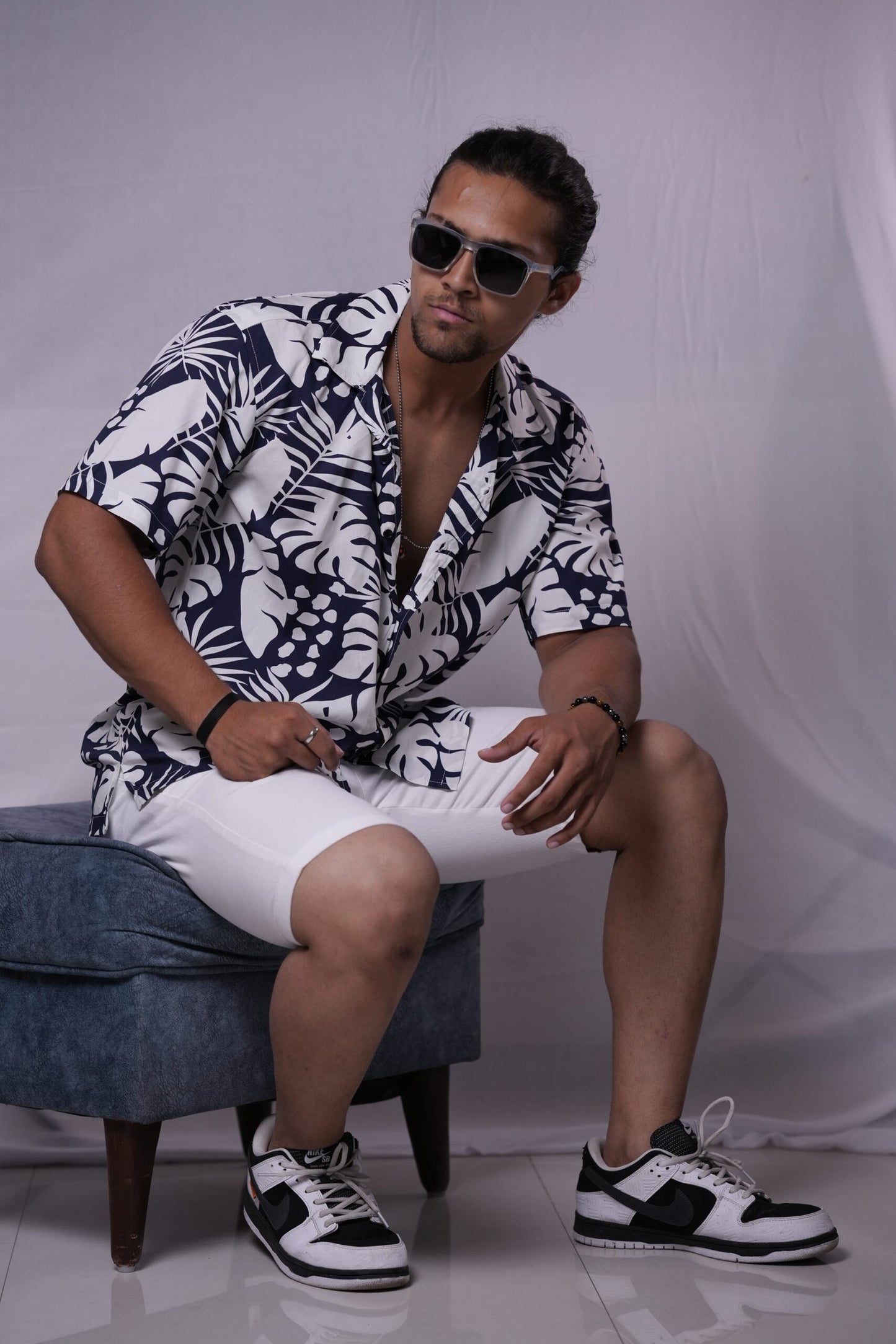 WhiteNavyBlue Jungle Cuban Collar Half Sleeve