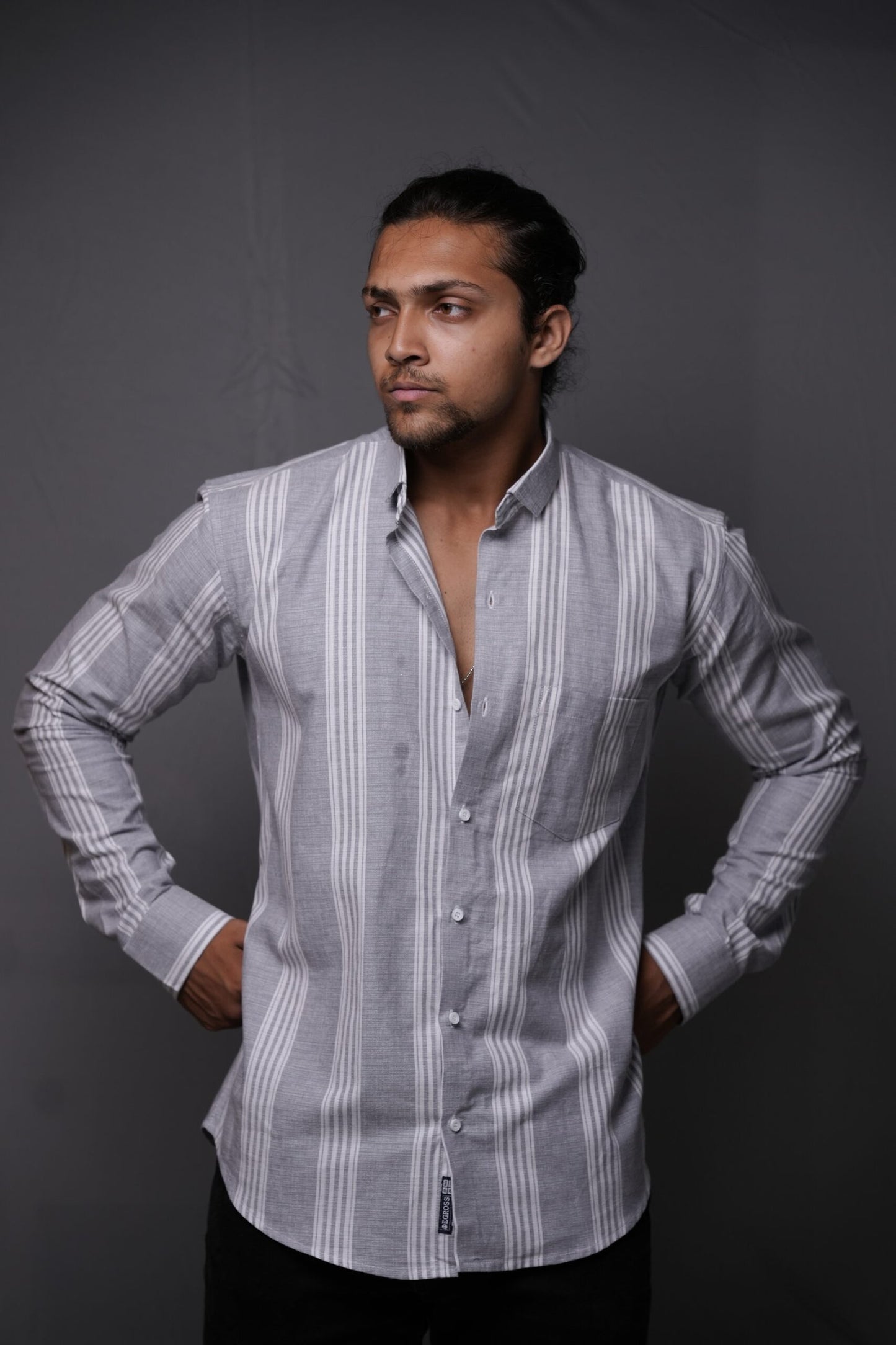 Oxford Cotton Grey White Vertical Stripes