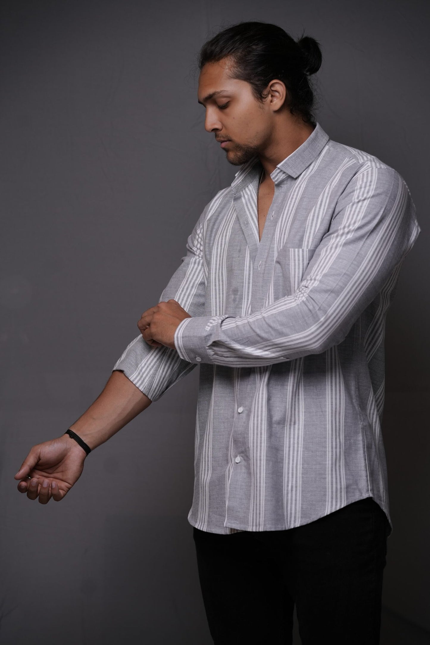 Oxford Cotton Grey White Vertical Stripes