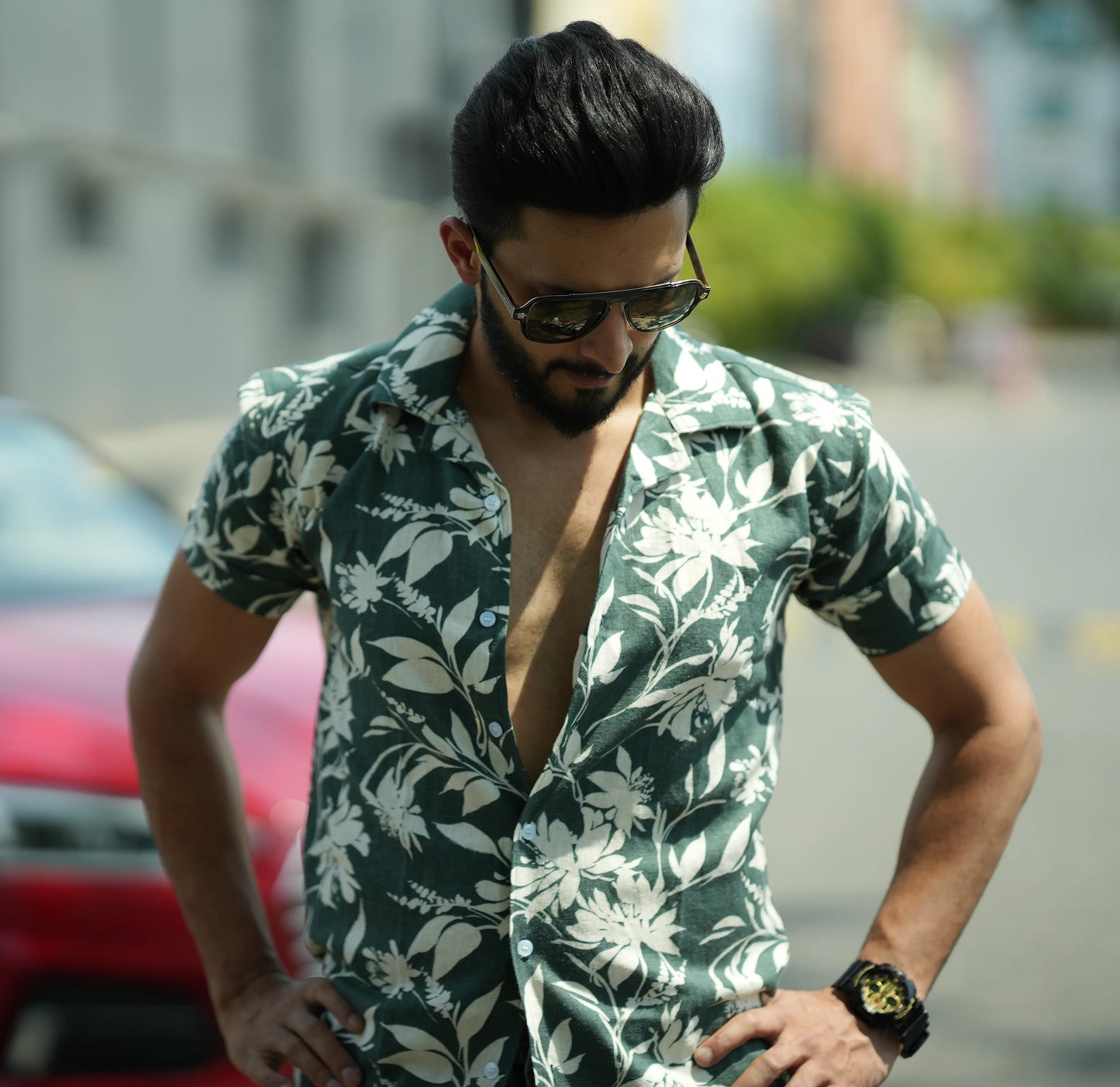 Tropical Print Textured Cotton Cuban Collar Shirt