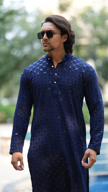 Lucknowi Kurta - Navy Blue