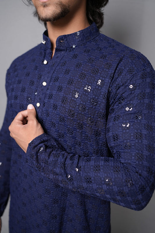 Lucknowi Kurta - Navy Blue