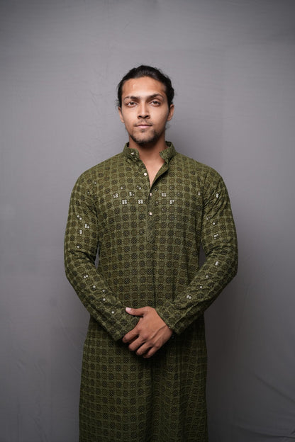 Lucknowi Kurta - Olive Green
