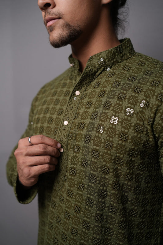 Lucknowi Kurta - Olive Green