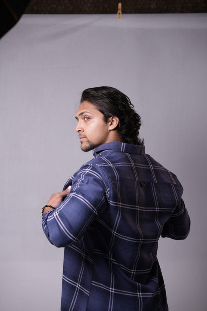 Dark Blue Brushed Chequered Twin Pocket