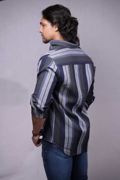 Grey Navy-Blue Vertical Stripes Dobby