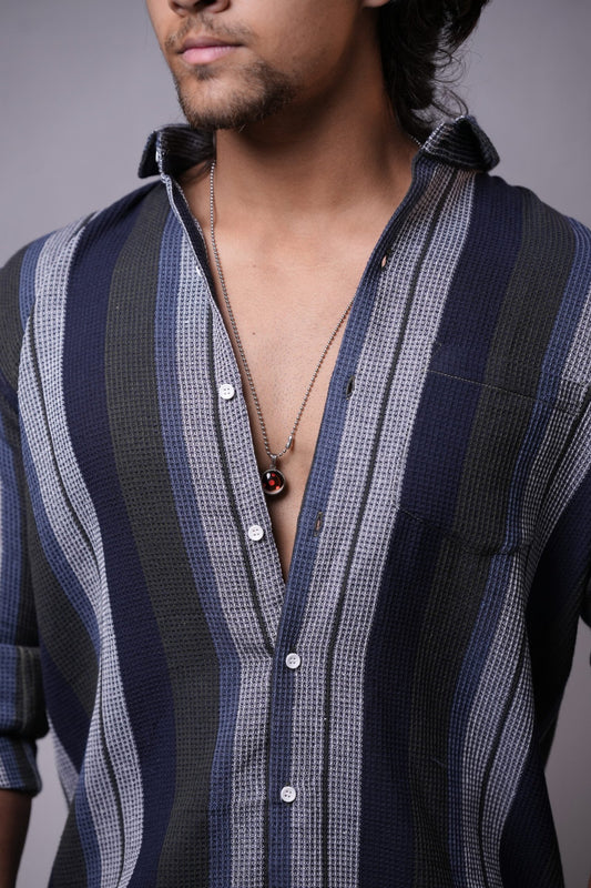 Grey Navy-Blue Vertical Stripes Dobby