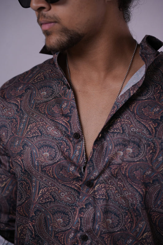 Dark Brown Printed Satin Party Wear