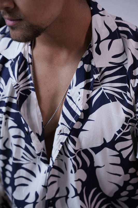 WhiteNavyBlue Jungle Cuban Collar Half Sleeve