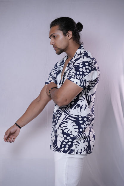 WhiteNavyBlue Jungle Cuban Collar Half Sleeve
