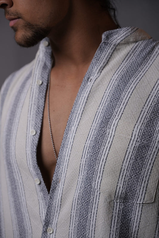 CreamWhiteGrey Mandarin Collar Textured Vertical Stripes