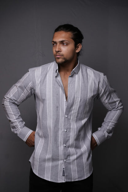 Oxford Cotton Grey White Vertical Stripes