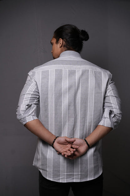 Oxford Cotton Grey White Vertical Stripes