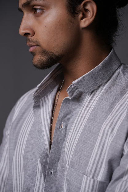 Oxford Cotton Grey White Vertical Stripes