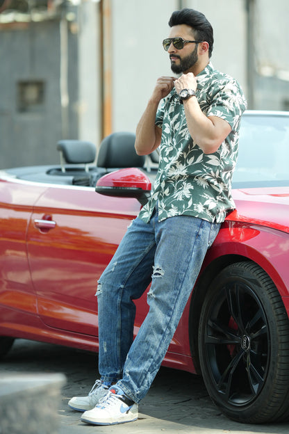 Tropical Print Textured Cotton Cuban Collar Shirt