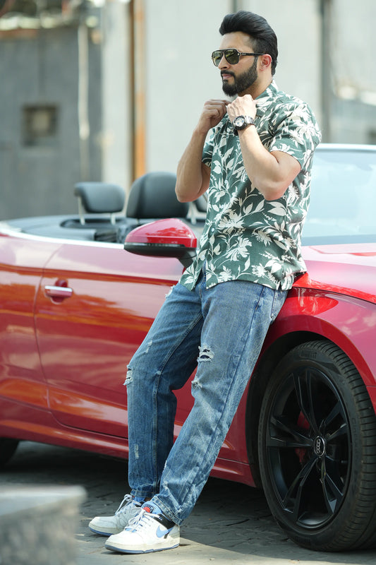 Tropical Print Textured Cotton Cuban Collar Shirt