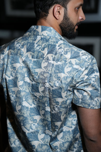 Blue & White Tropical Print Casual Shirt