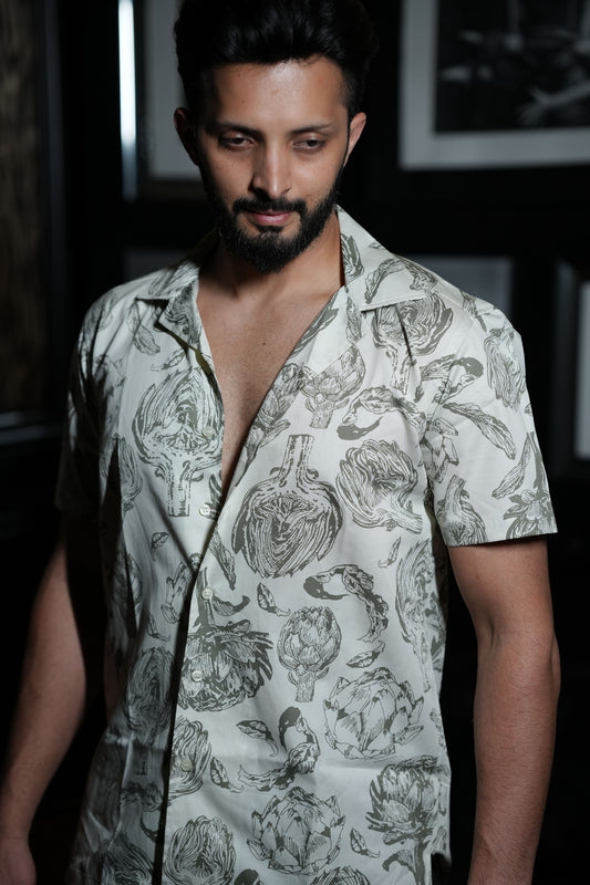 Artistic Print Off-White Cuban Collar Shirt
