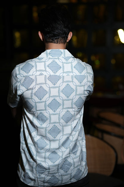 White & Blue Geometric Print Cuban Collar Shirt