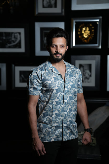 Blue & White Tropical Print Casual Shirt