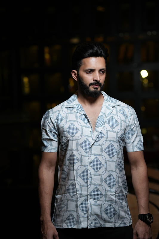 White & Blue Geometric Print Cuban Collar Shirt