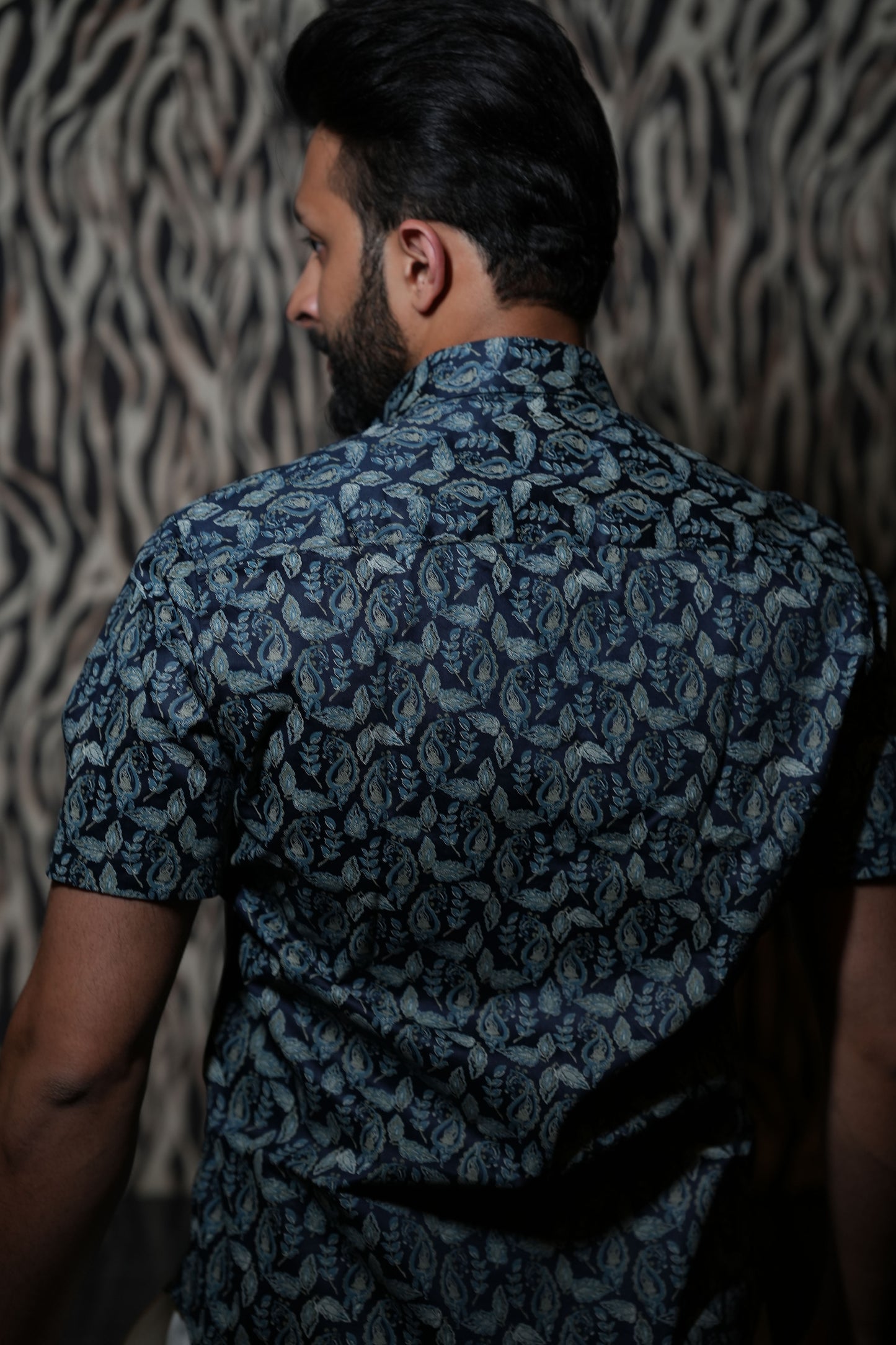 Cotton Navy Blue Leaf Print Shirt