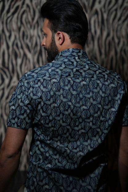 Cotton Navy Blue Leaf Print Shirt