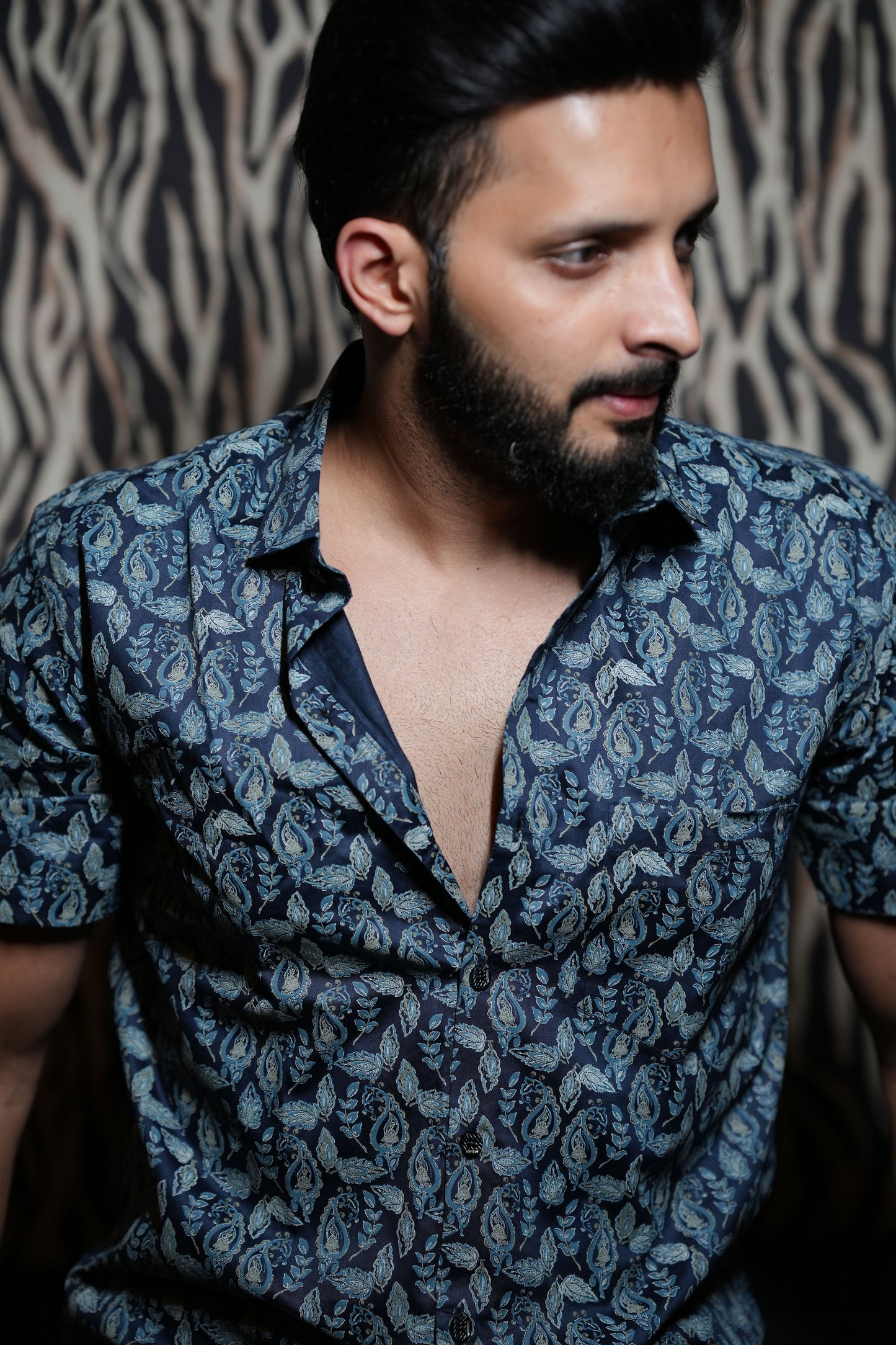 Cotton Navy Blue Leaf Print Shirt