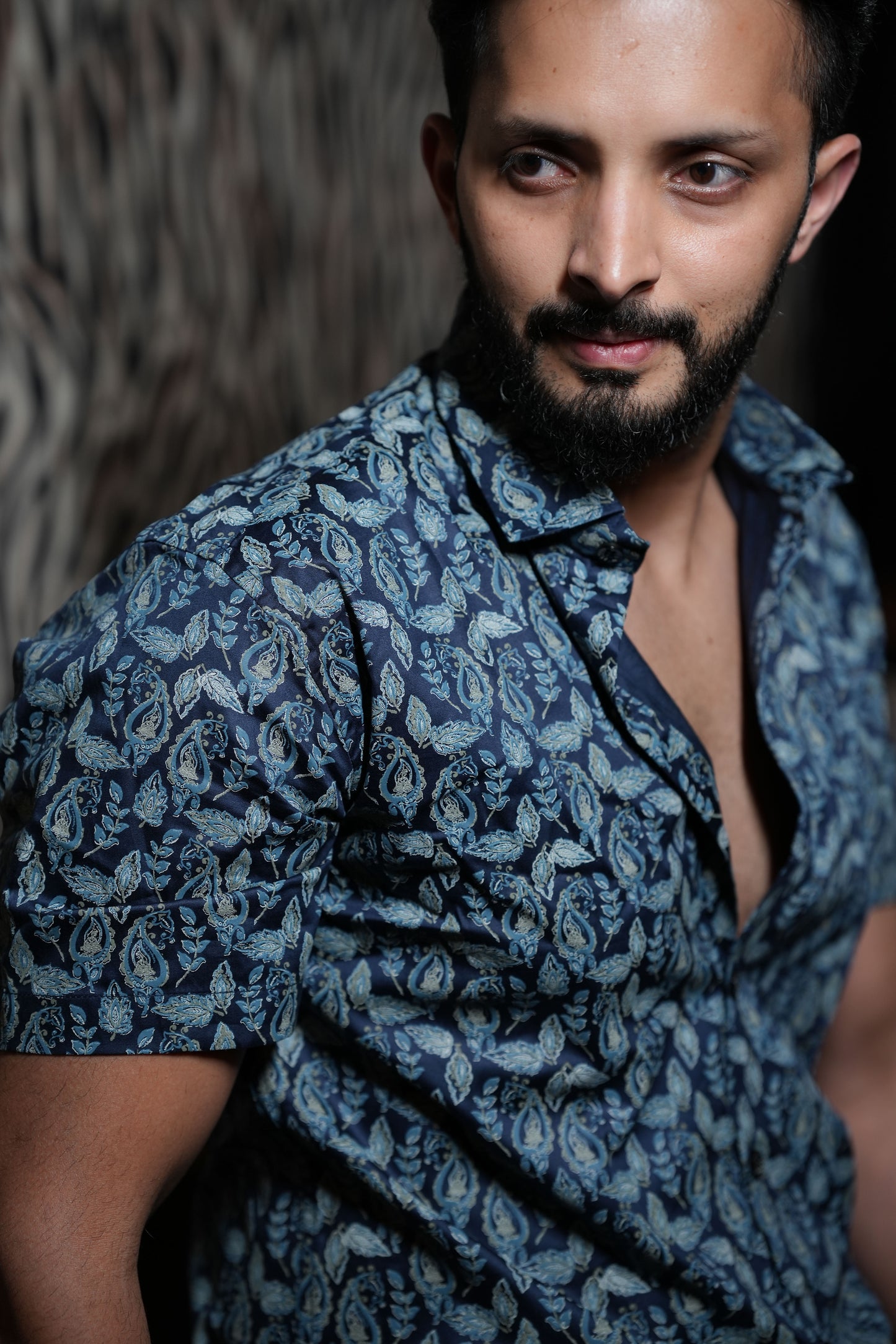 Cotton Navy Blue Leaf Print Shirt