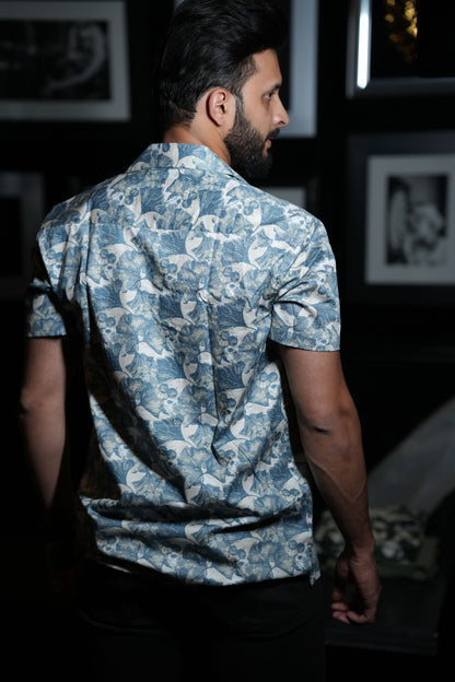 Blue & White Tropical Print Casual Shirt